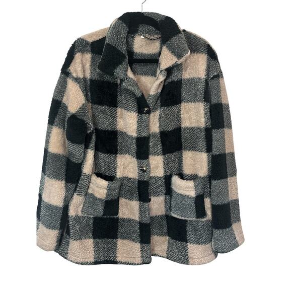 SHEIN Buffalo Plaid Teddy Coat Black/Pink--Size L--EUC - Picture 2 of 4